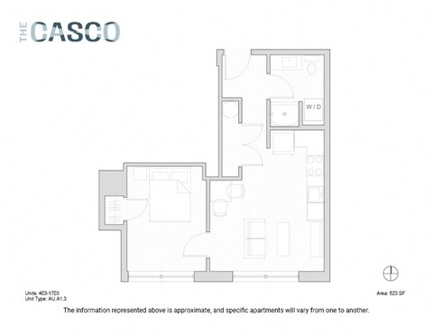 Floor plan for 1 bed, 1 bath, 523 sqft